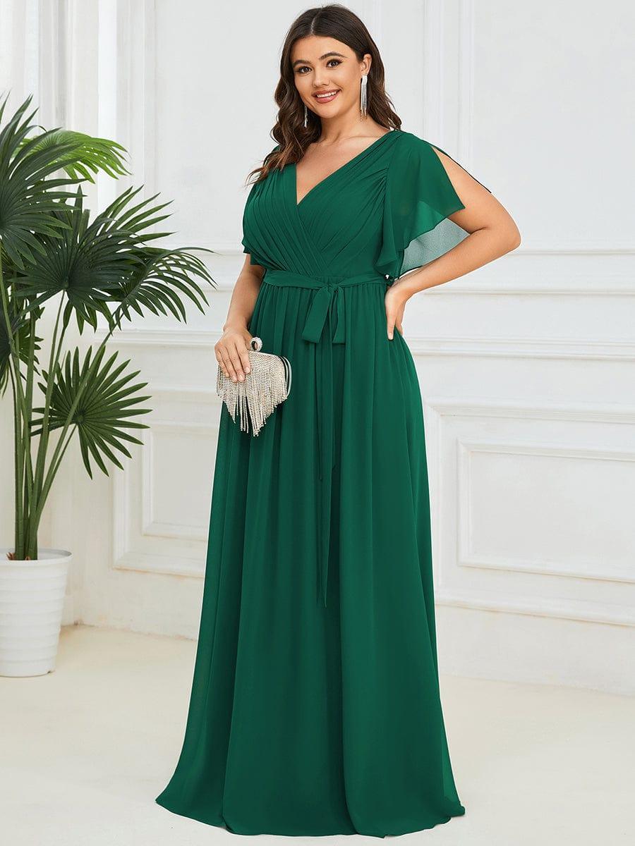 V-Neck Flutter Sleeve Floor-Length A-Line Chiffon Evening Dress #color_Dark Green
