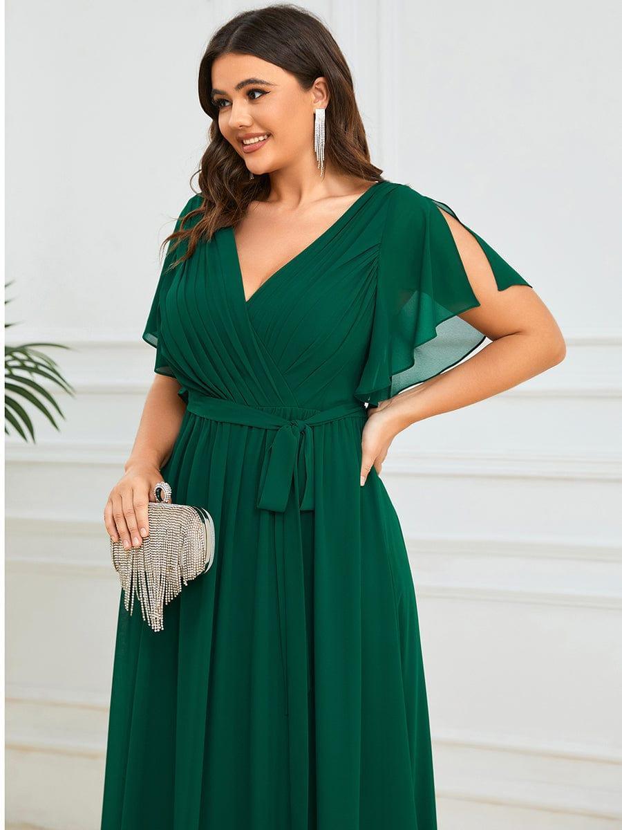 V-Neck Flutter Sleeve Floor-Length A-Line Chiffon Evening Dress #color_Dark Green