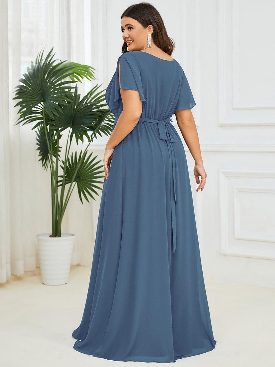 V-Neck Flutter Sleeve Floor-Length A-Line Chiffon Evening Dress #color_Dusty Blue