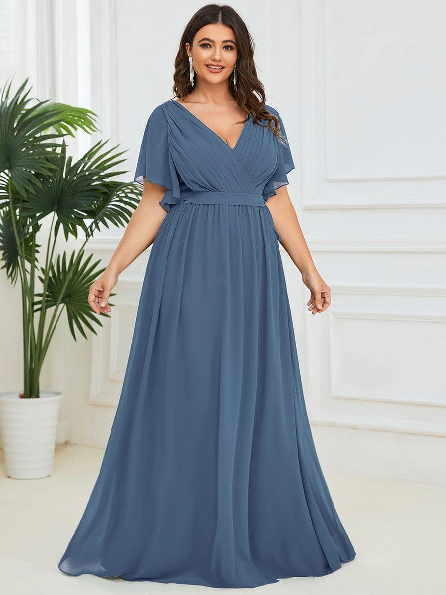 V-Neck Flutter Sleeve Floor-Length A-Line Chiffon Evening Dress #color_Dusty Blue
