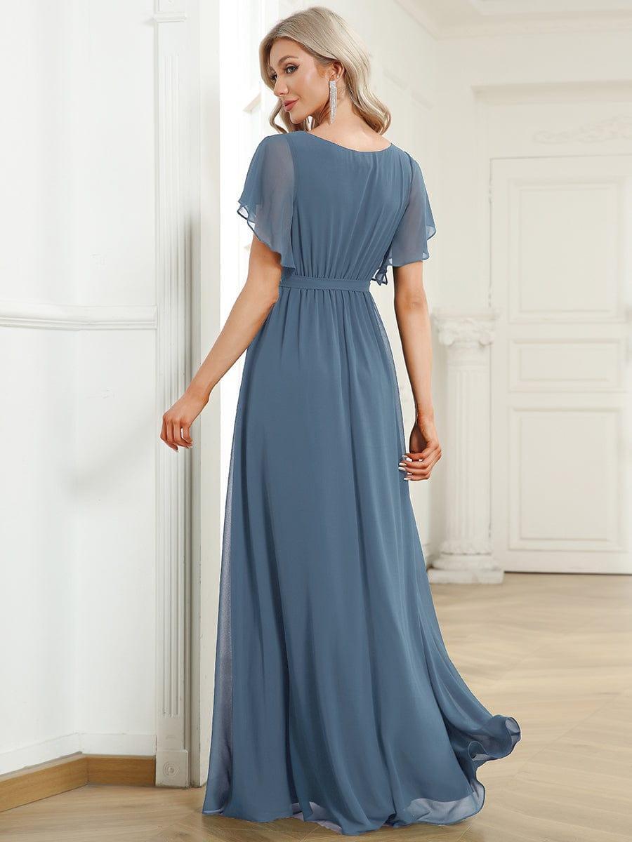 V-Neck Flutter Sleeve Floor-Length A-Line Chiffon Evening Dress #color_Dusty Blue