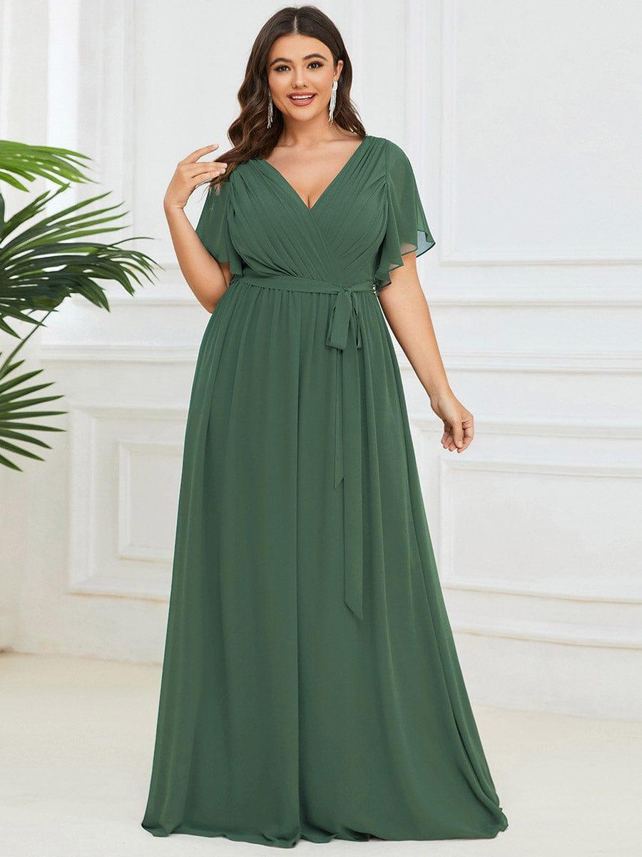 V-Neck Flutter Sleeve Floor-Length A-Line Chiffon Evening Dress #color_Eucalyptus Green