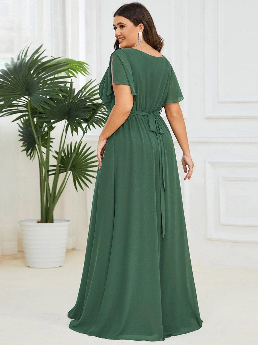 V-Neck Flutter Sleeve Floor-Length A-Line Chiffon Evening Dress #color_Eucalyptus Green