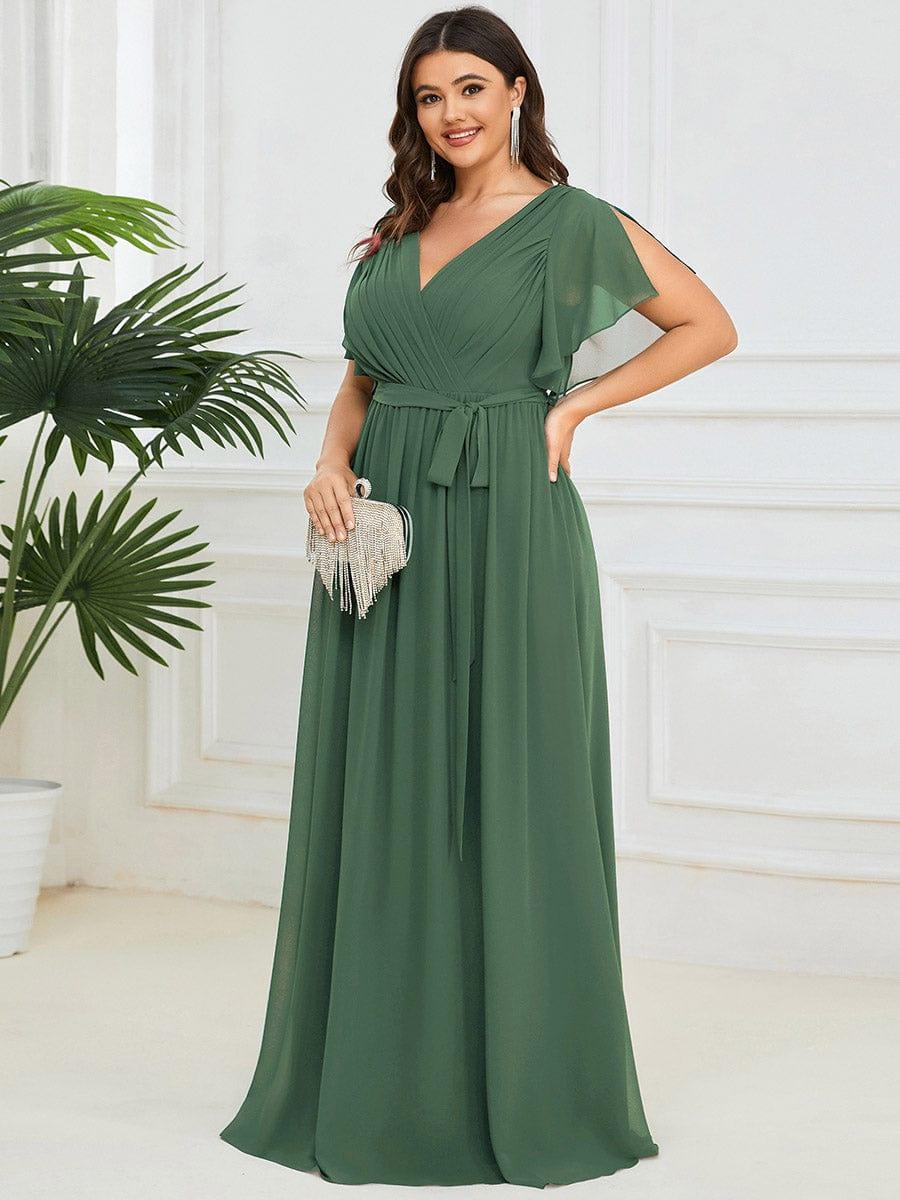 V-Neck Flutter Sleeve Floor-Length A-Line Chiffon Evening Dress #color_Eucalyptus Green