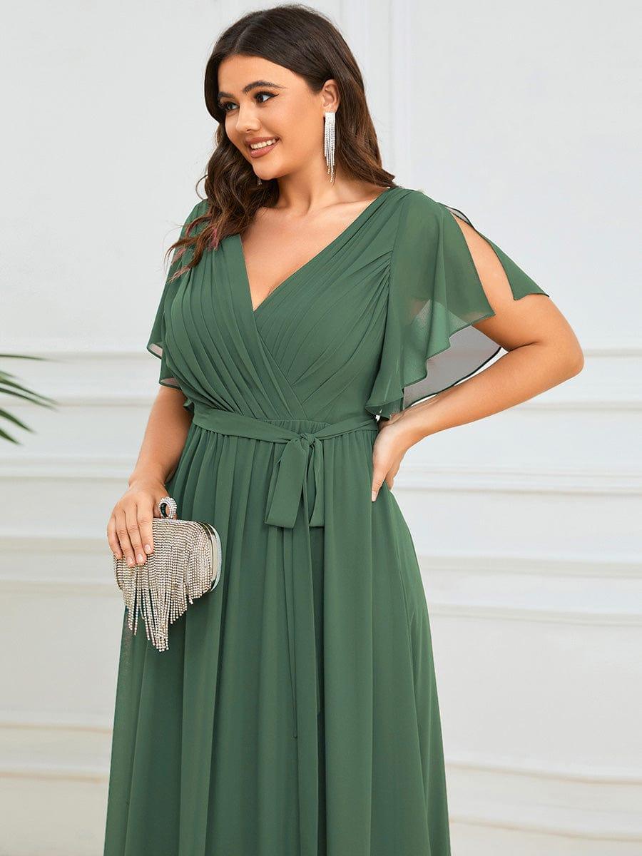 V-Neck Flutter Sleeve Floor-Length A-Line Chiffon Evening Dress #color_Eucalyptus Green