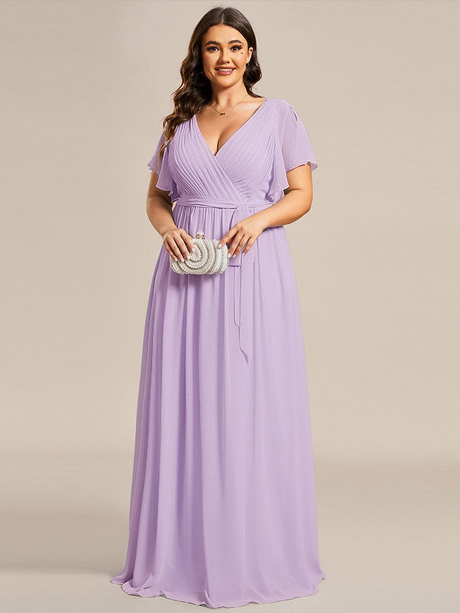 V-Neck Flutter Sleeve Floor-Length A-Line Chiffon Evening Dress #color_Frosted Lilac