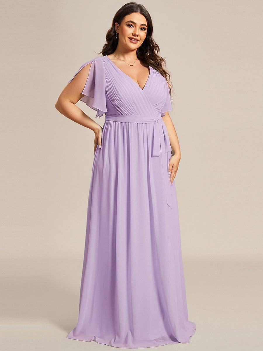 V-Neck Flutter Sleeve Floor-Length A-Line Chiffon Evening Dress #color_Frosted Lilac
