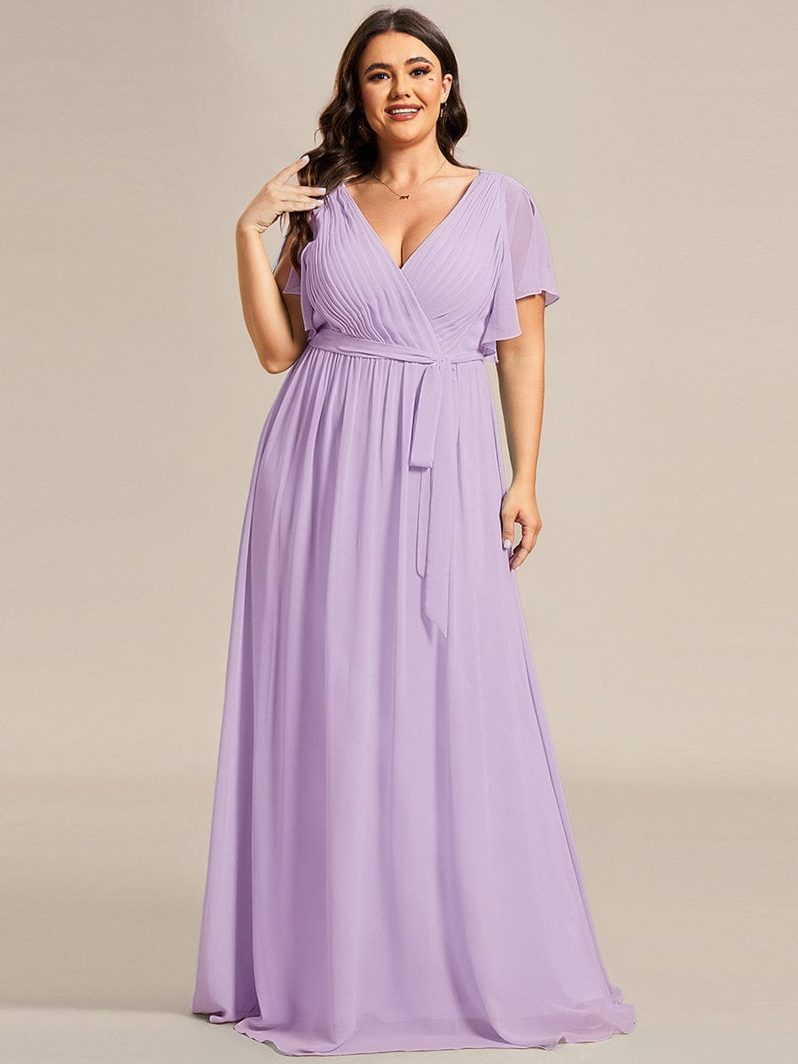 V-Neck Flutter Sleeve Floor-Length A-Line Chiffon Evening Dress #color_Frosted Lilac