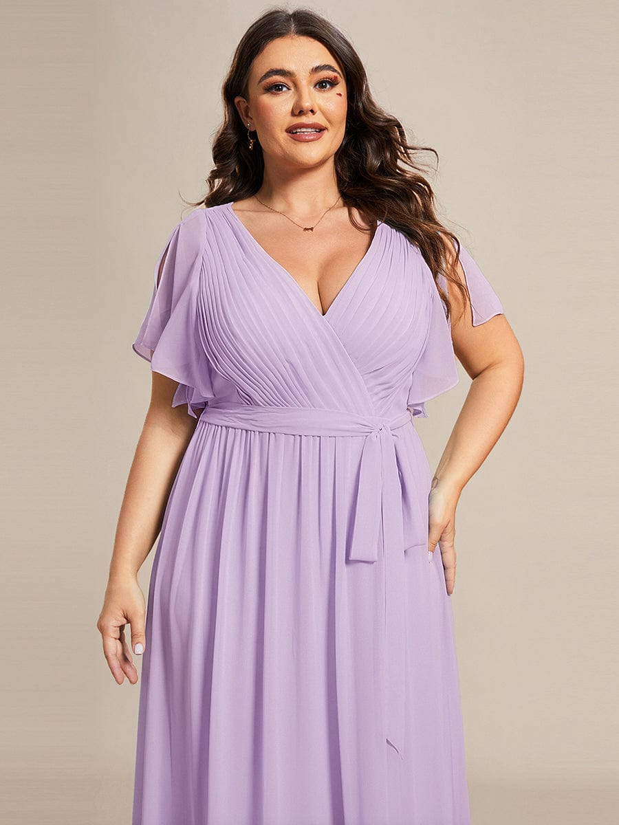 V-Neck Flutter Sleeve Floor-Length A-Line Chiffon Evening Dress #color_Frosted Lilac
