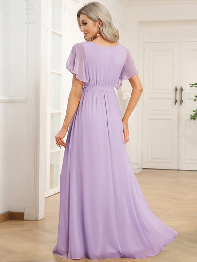 V-Neck Flutter Sleeve Floor-Length A-Line Chiffon Evening Dress #color_Frosted Lilac