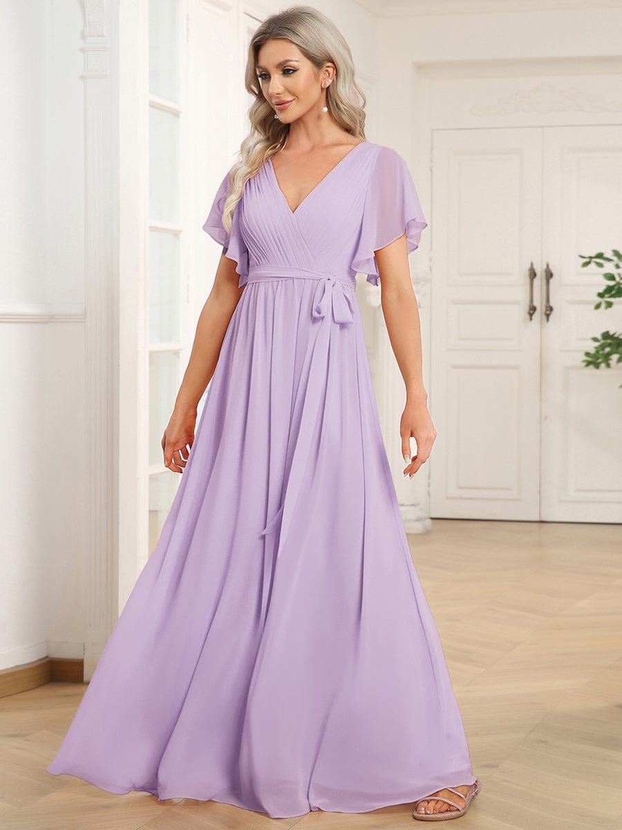 V-Neck Flutter Sleeve Floor-Length A-Line Chiffon Evening Dress #color_Frosted Lilac