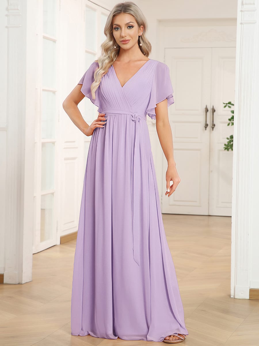 V-Neck Flutter Sleeve Floor-Length A-Line Chiffon Evening Dress #color_Frosted Lilac