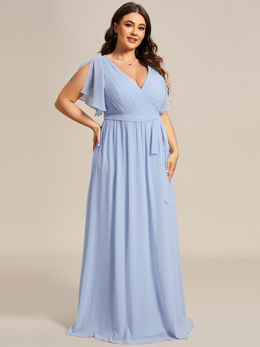 V-Neck Flutter Sleeve Floor-Length A-Line Chiffon Evening Dress #color_Ice Blue