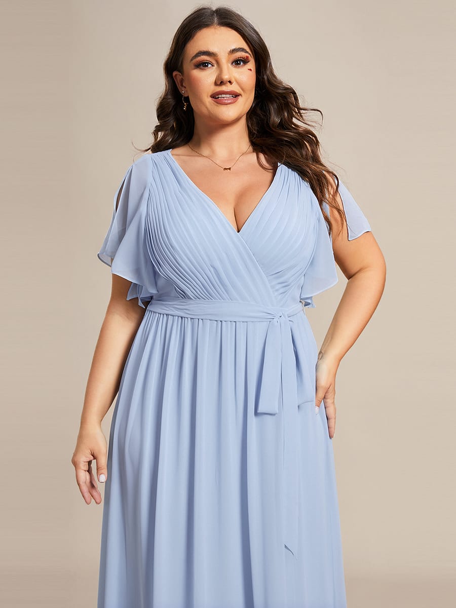 V-Neck Flutter Sleeve Floor-Length A-Line Chiffon Evening Dress #color_Ice Blue