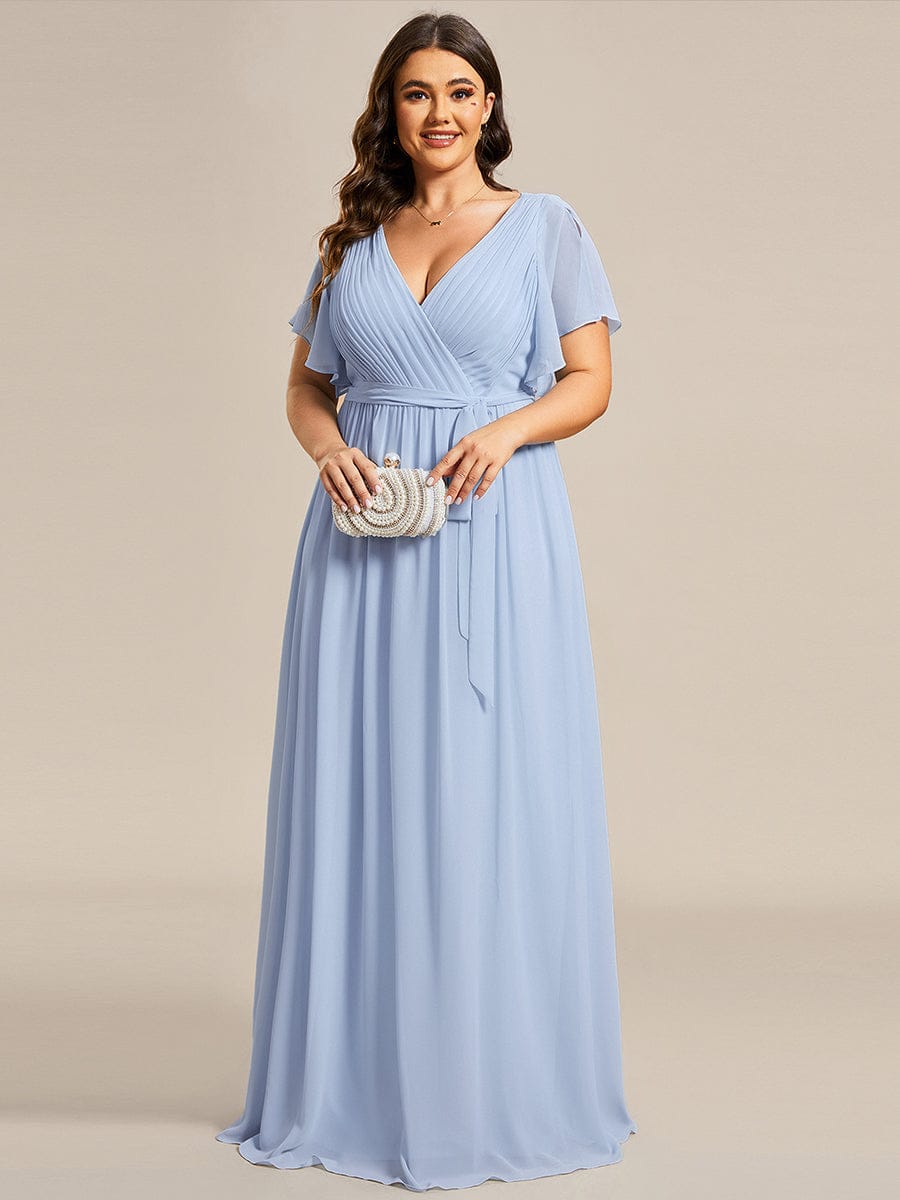 V-Neck Flutter Sleeve Floor-Length A-Line Chiffon Evening Dress #color_Ice Blue