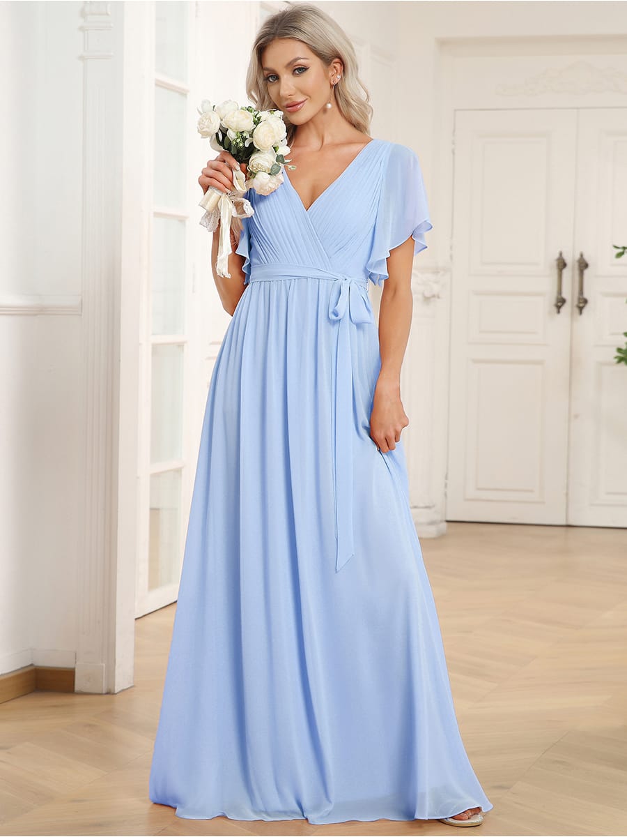 V-Neck Flutter Sleeve Floor-Length A-Line Chiffon Evening Dress #color_Ice Blue