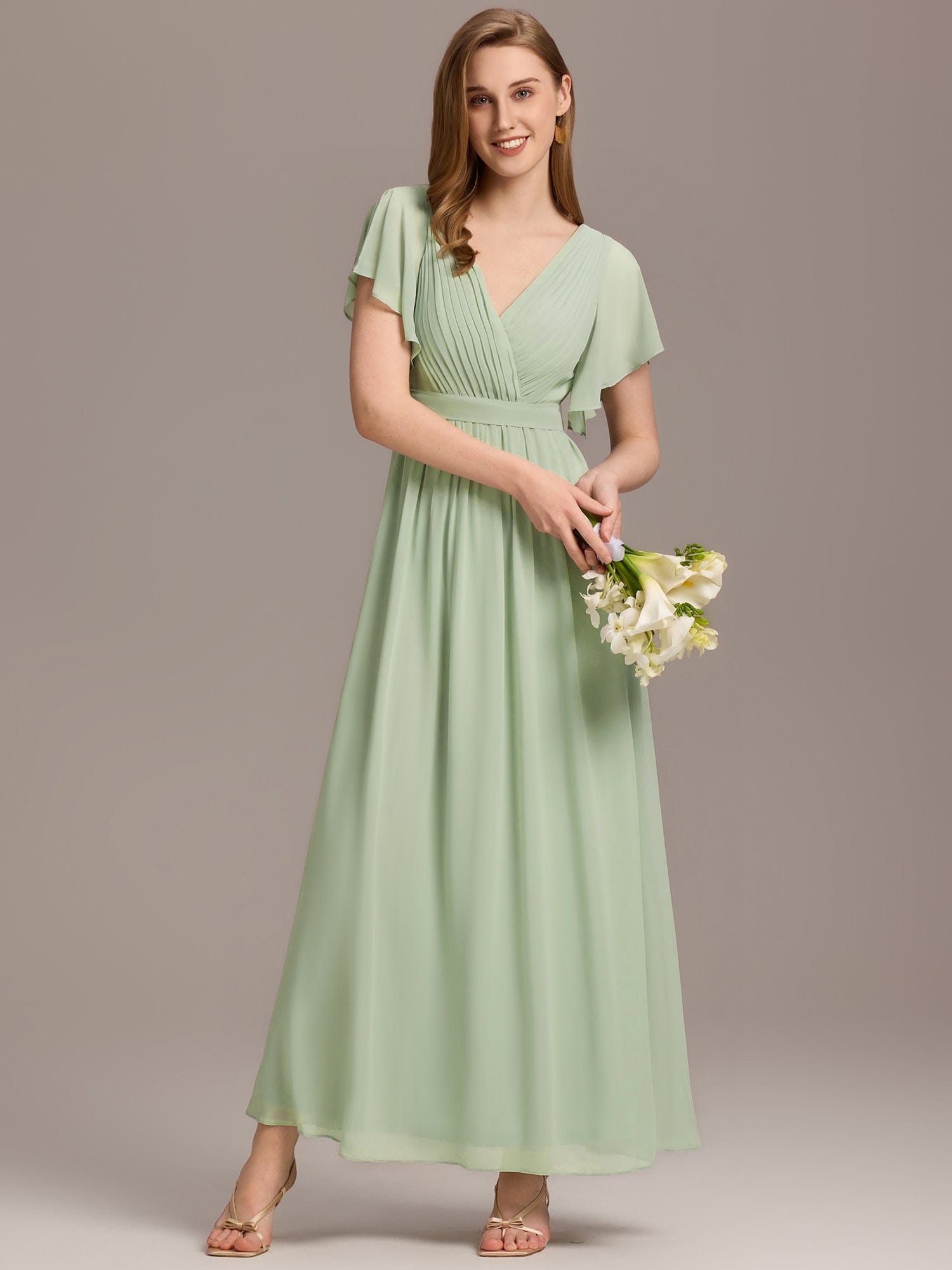 V-Neck Flutter Sleeve Floor-Length A-Line Chiffon Evening Dress #color_Mint Green