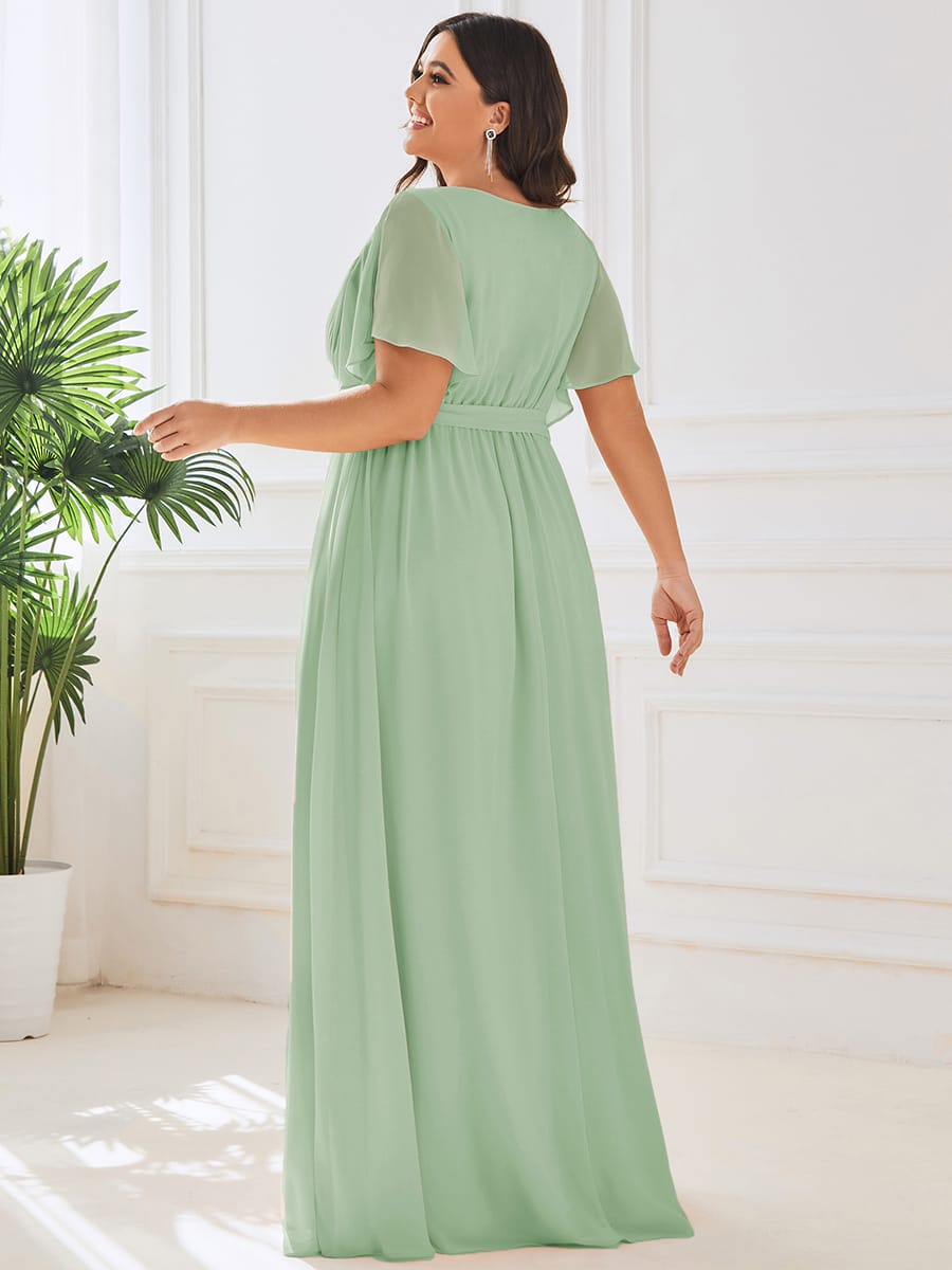 V-Neck Flutter Sleeve Floor-Length A-Line Chiffon Evening Dress #color_Mint Green
