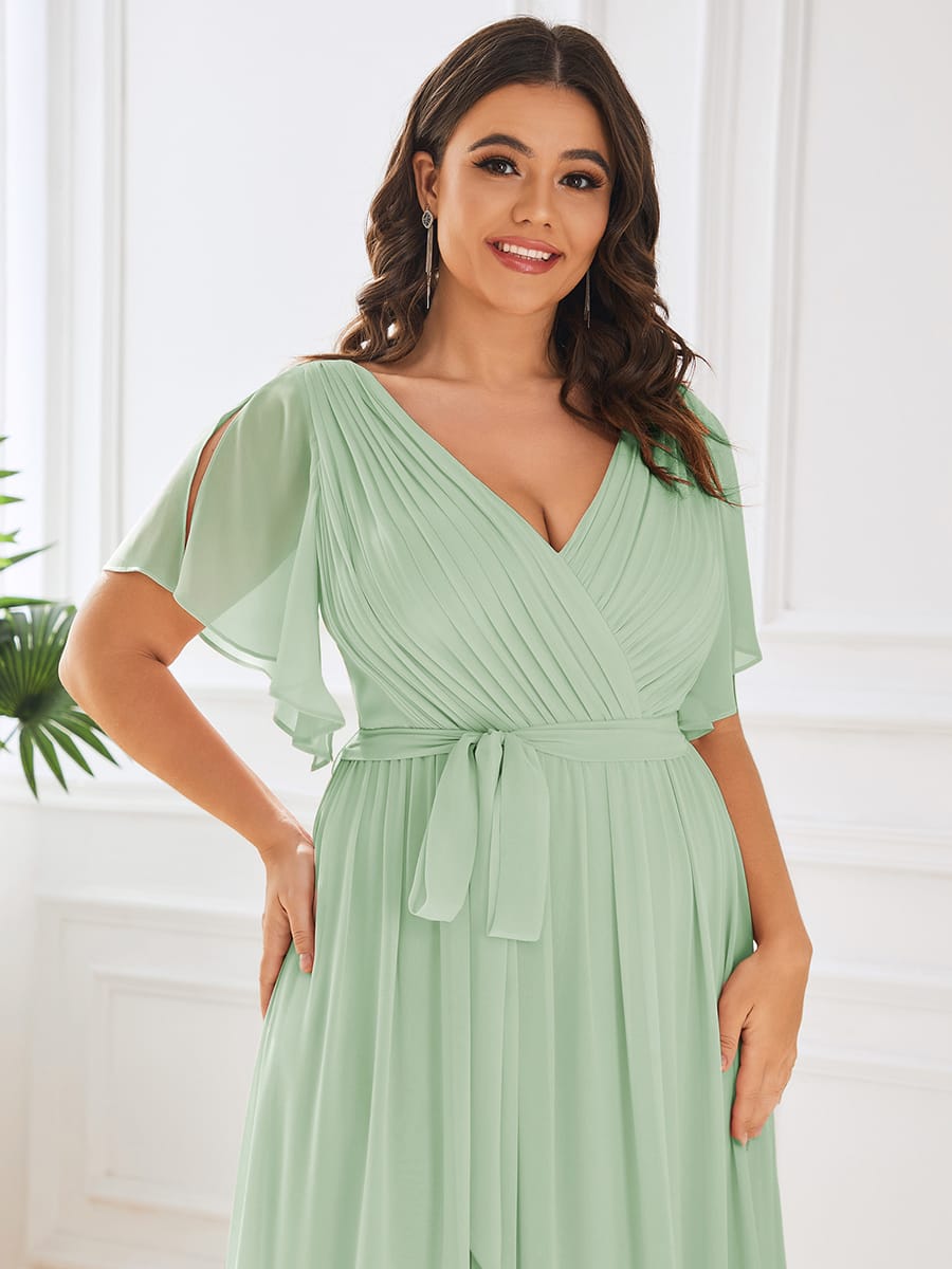 V-Neck Flutter Sleeve Floor-Length A-Line Chiffon Evening Dress #color_Mint Green