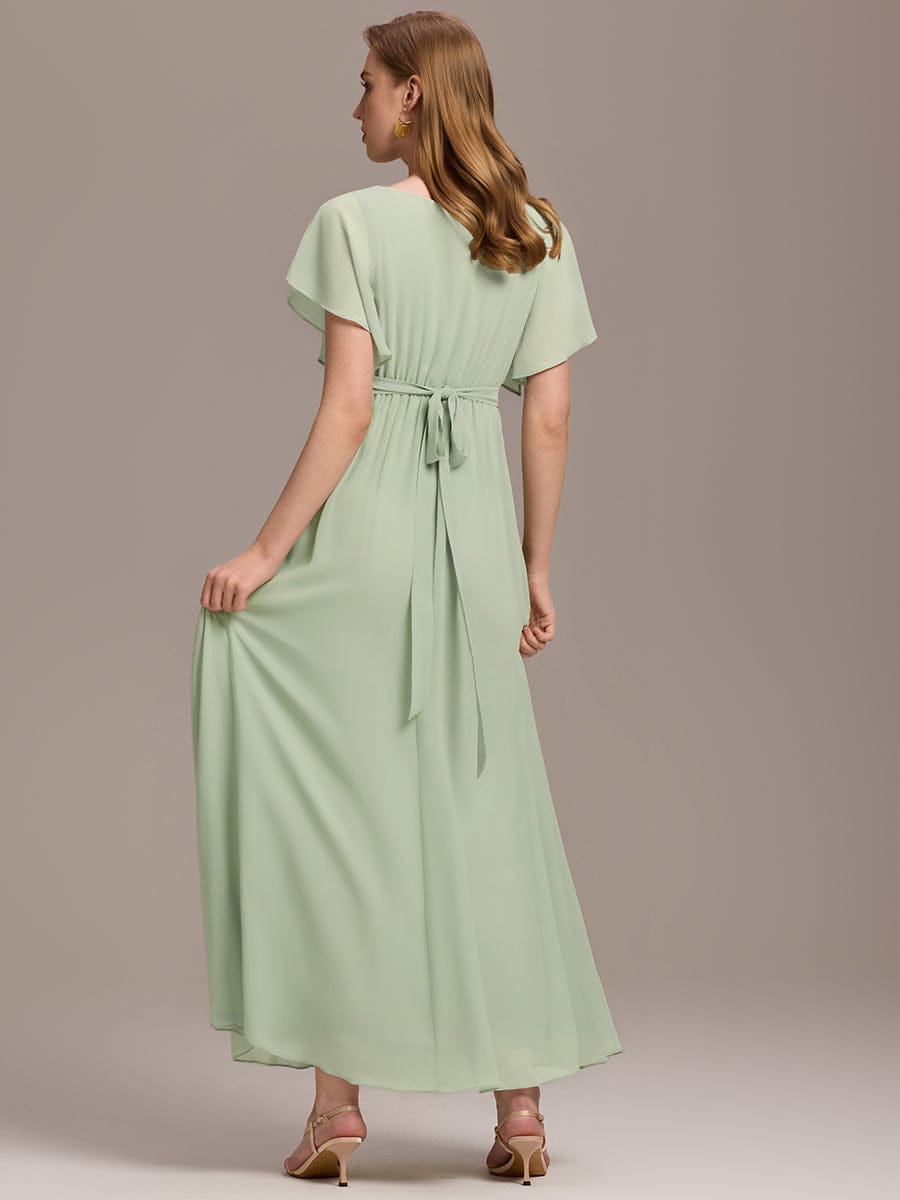 V-Neck Flutter Sleeve Floor-Length A-Line Chiffon Evening Dress #color_Mint Green
