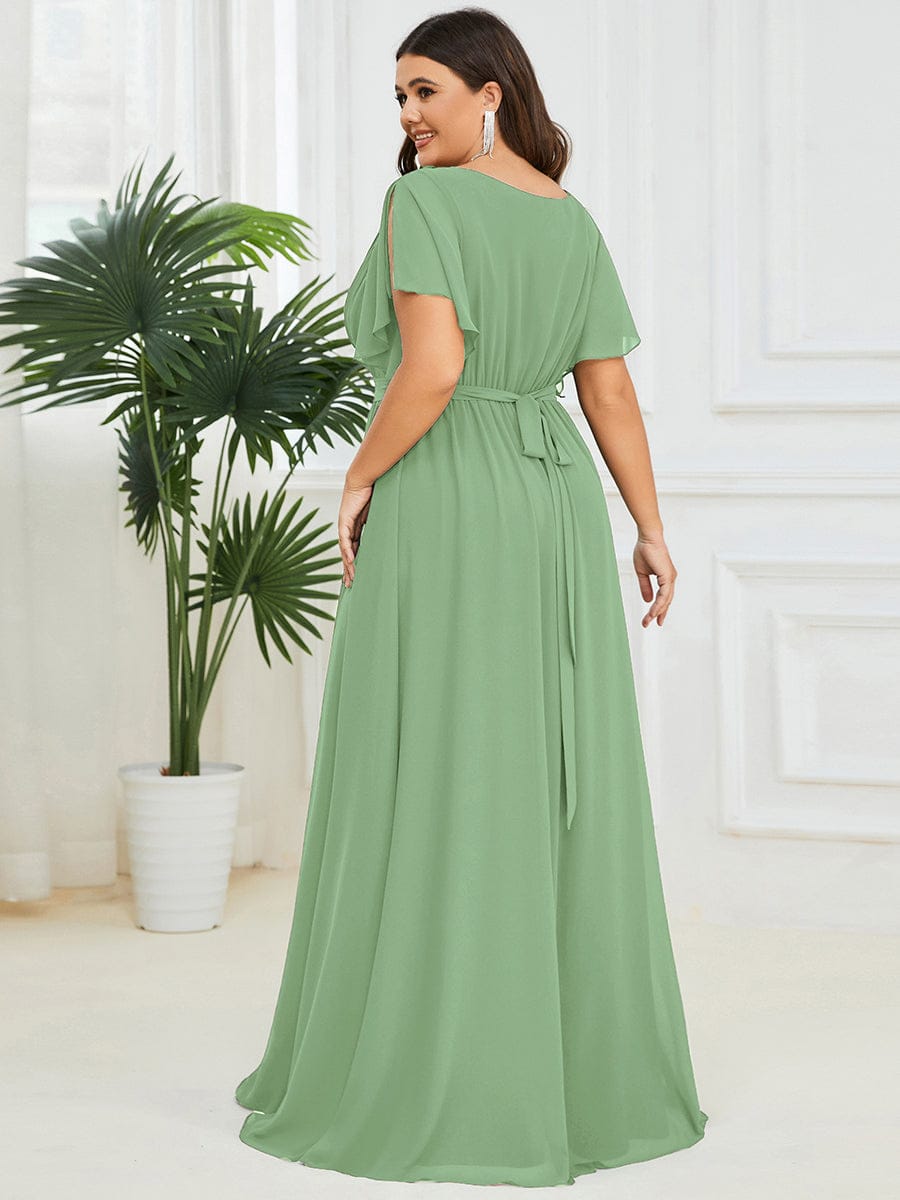 V-Neck Flutter Sleeve Floor-Length A-Line Chiffon Evening Dress #color_Sage Green