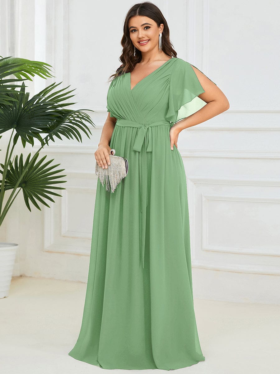 V-Neck Flutter Sleeve Floor-Length A-Line Chiffon Evening Dress #color_Sage Green