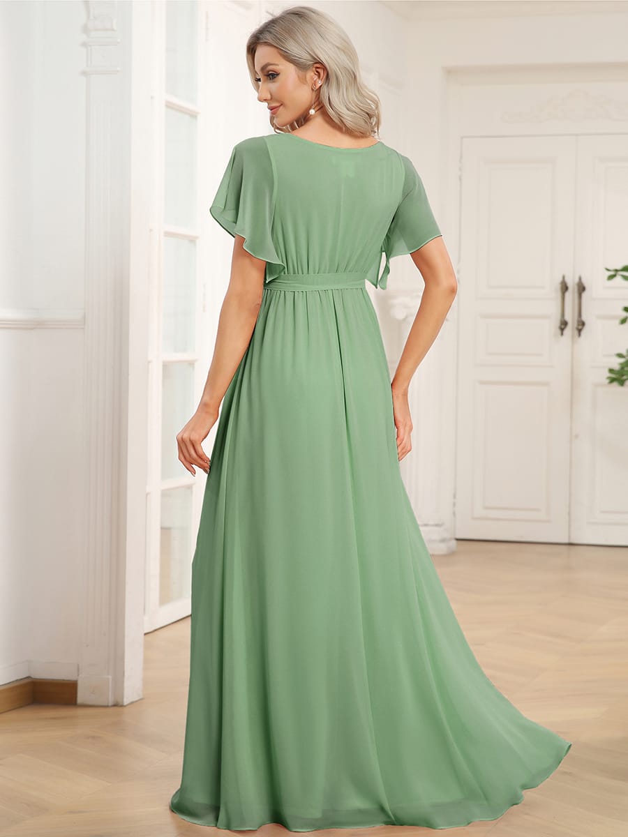 V-Neck Flutter Sleeve Floor-Length A-Line Chiffon Evening Dress #color_Sage Green