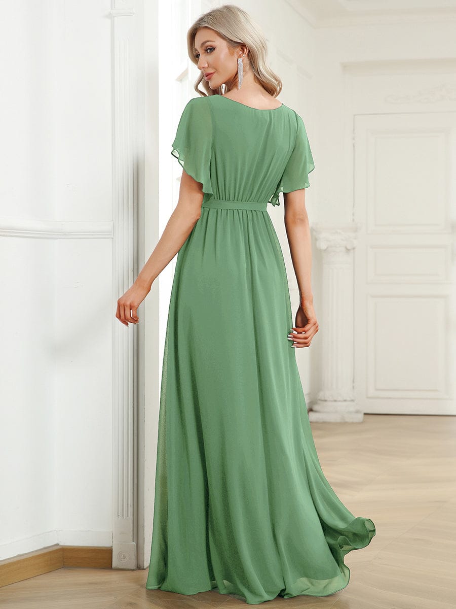 V-Neck Flutter Sleeve Floor-Length A-Line Chiffon Evening Dress #color_Sage Green