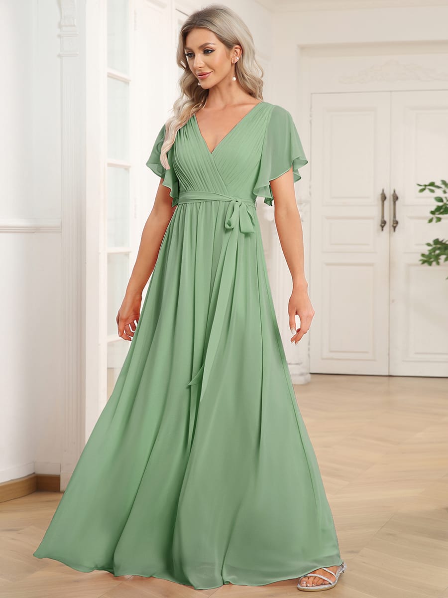 V-Neck Flutter Sleeve Floor-Length A-Line Chiffon Evening Dress #color_Sage Green