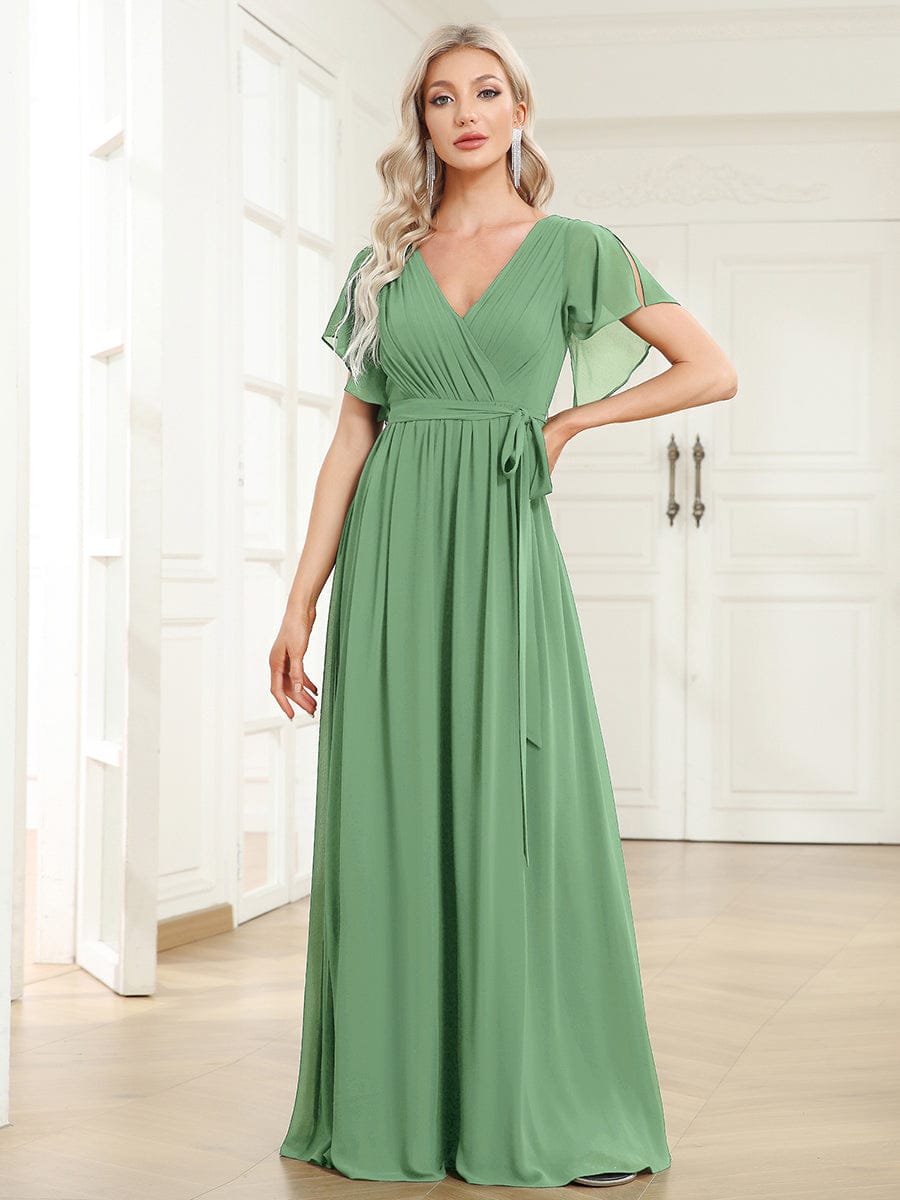 V-Neck Flutter Sleeve Floor-Length A-Line Chiffon Evening Dress #color_Sage Green