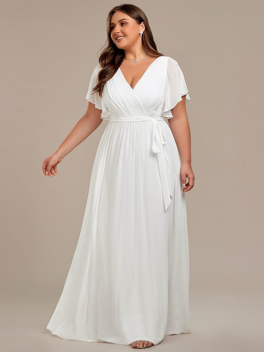 V-Neck Flutter Sleeve Floor-Length A-Line Chiffon Evening Dress #color_White