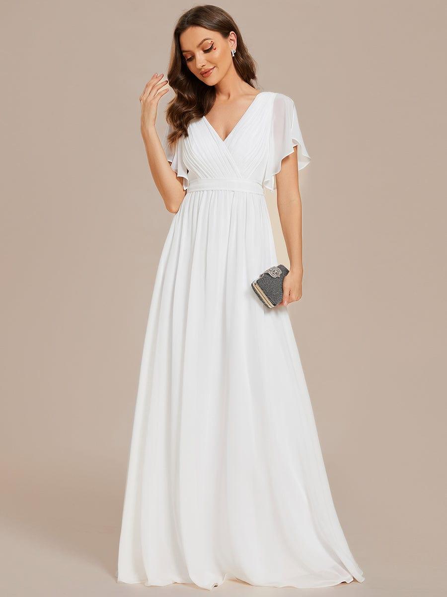 V-Neck Flutter Sleeve Floor-Length A-Line Chiffon Evening Dress #color_White