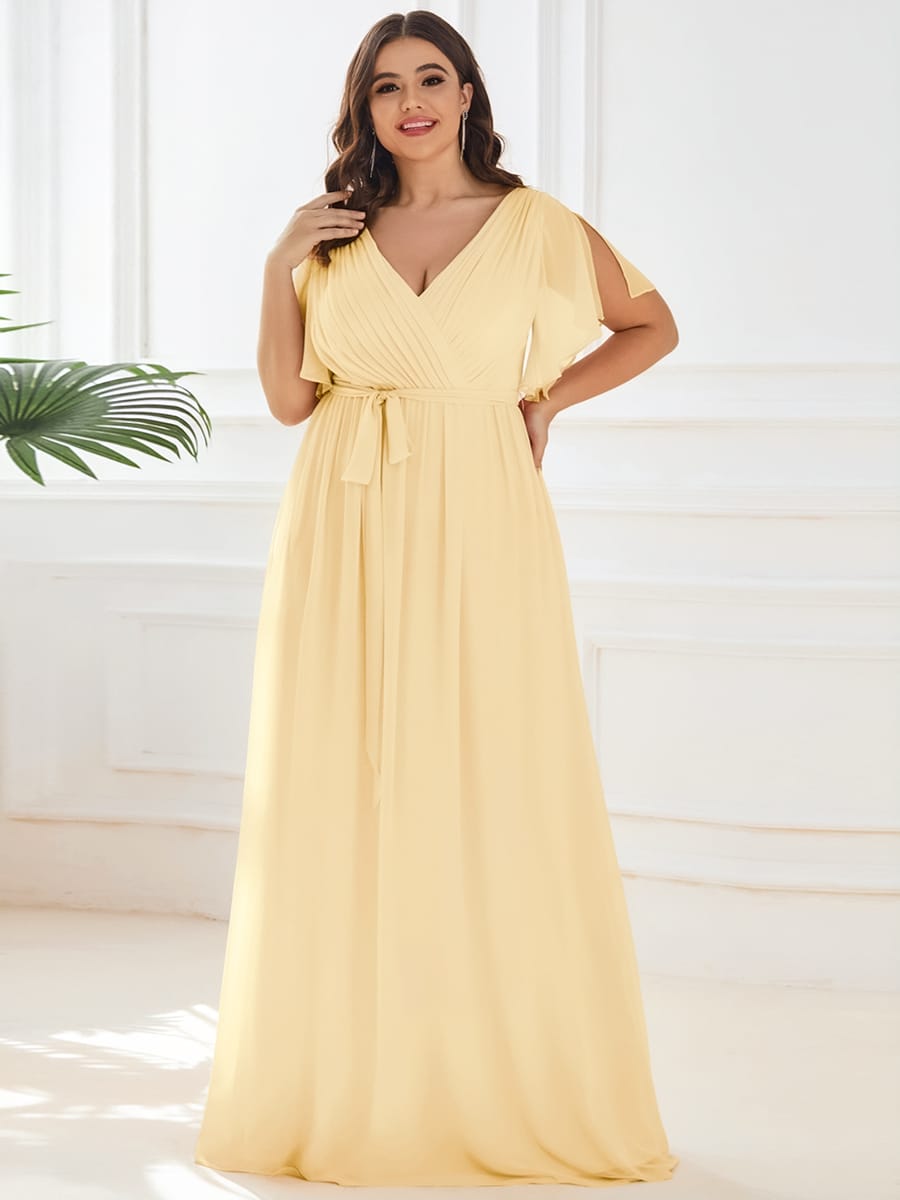 V-Neck Flutter Sleeve Floor-Length A-Line Chiffon Evening Dress #color_Yellow
