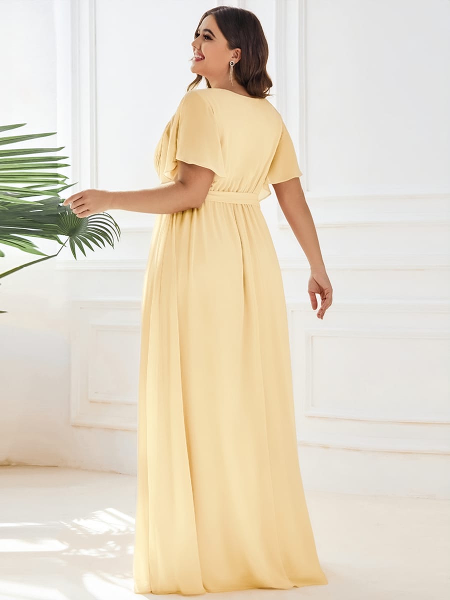 V-Neck Flutter Sleeve Floor-Length A-Line Chiffon Evening Dress #color_Yellow