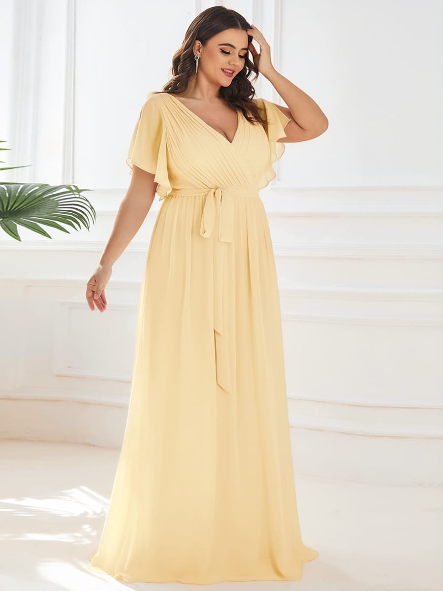 V-Neck Flutter Sleeve Floor-Length A-Line Chiffon Evening Dress #color_Yellow