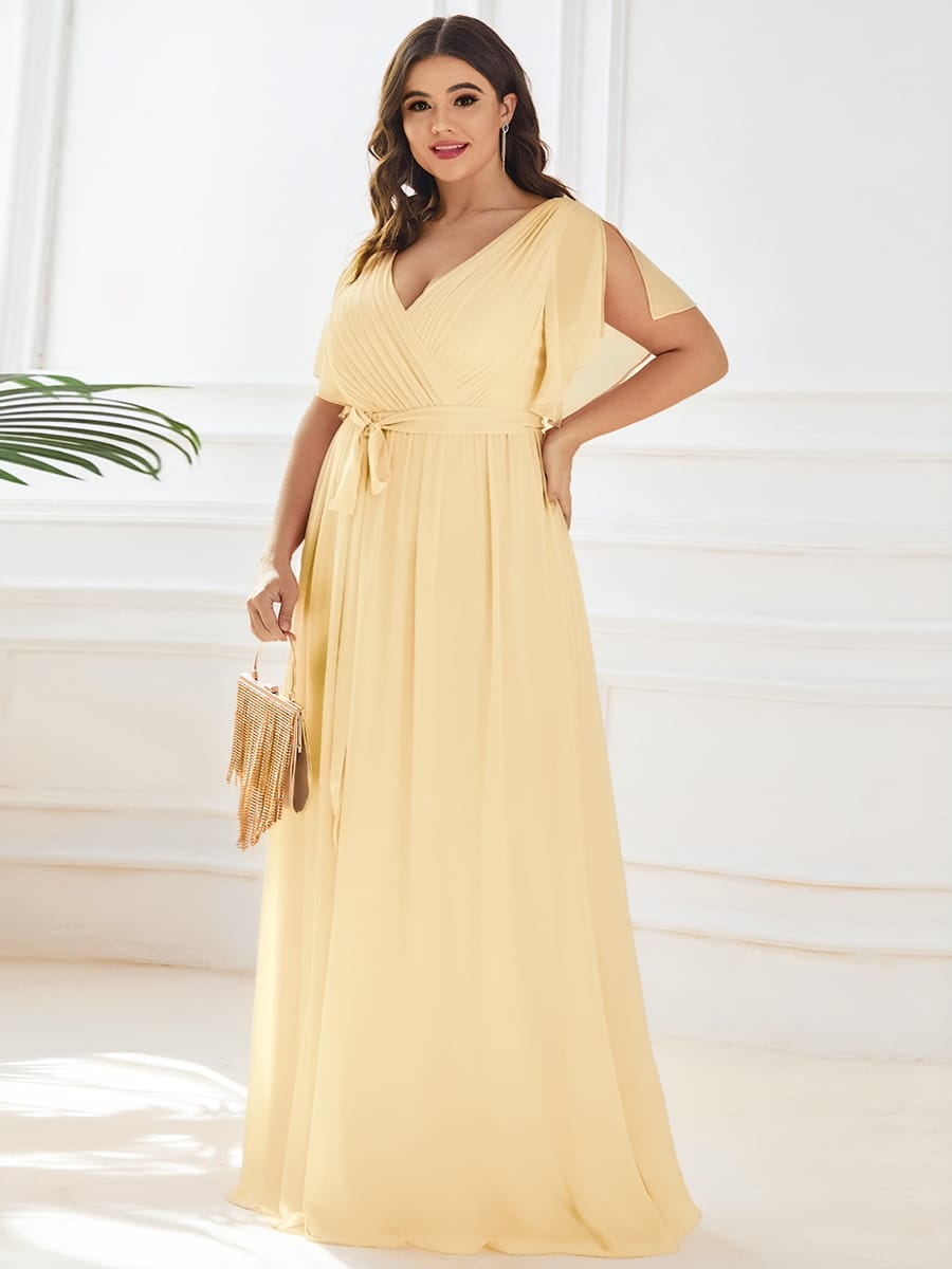 V-Neck Flutter Sleeve Floor-Length A-Line Chiffon Evening Dress #color_Yellow