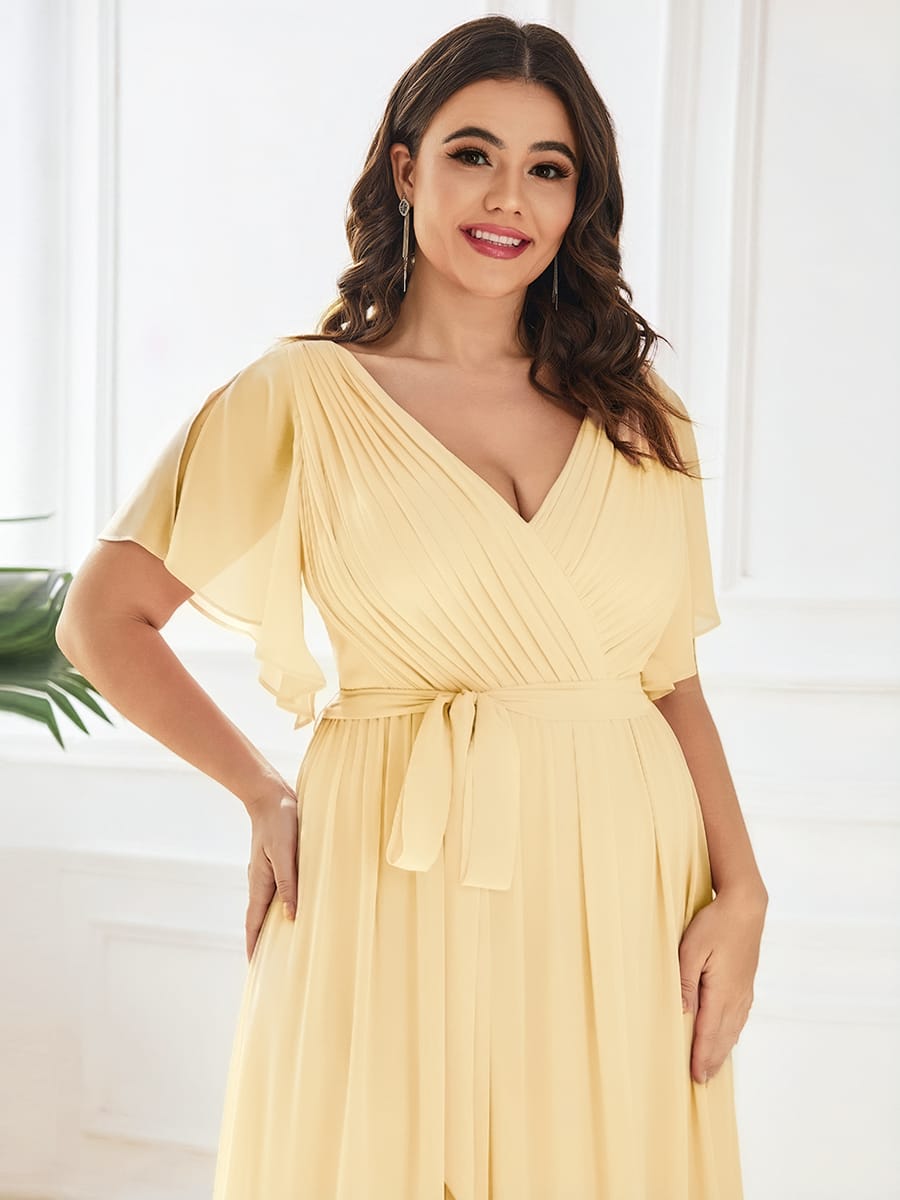 V-Neck Flutter Sleeve Floor-Length A-Line Chiffon Evening Dress #color_Yellow
