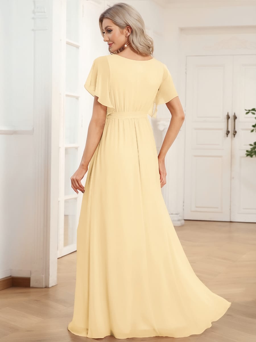 V-Neck Flutter Sleeve Floor-Length A-Line Chiffon Evening Dress #color_Yellow
