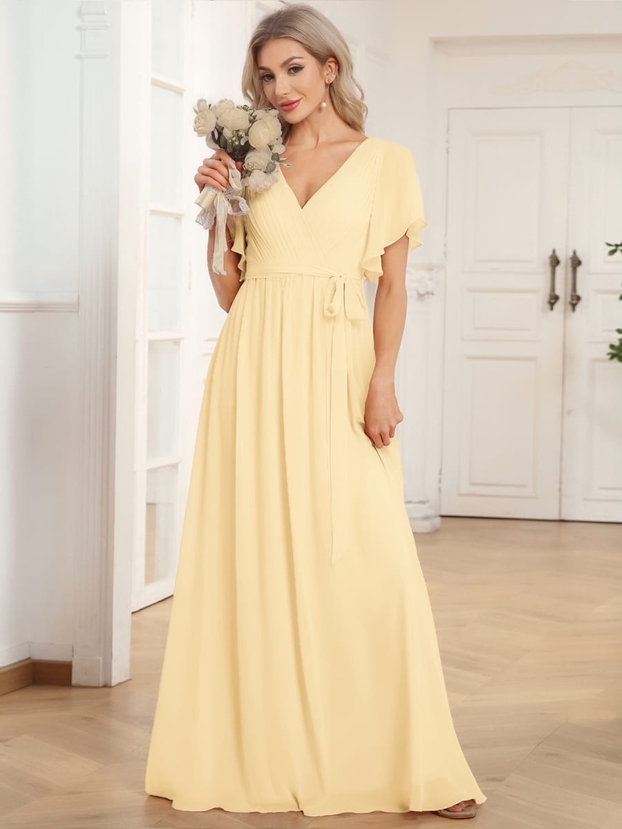 V-Neck Flutter Sleeve Floor-Length A-Line Chiffon Evening Dress #color_Yellow