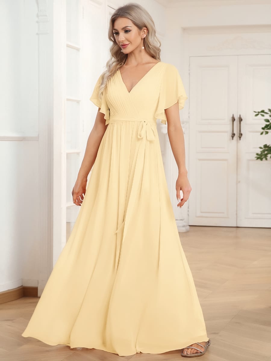 V-Neck Flutter Sleeve Floor-Length A-Line Chiffon Evening Dress #color_Yellow