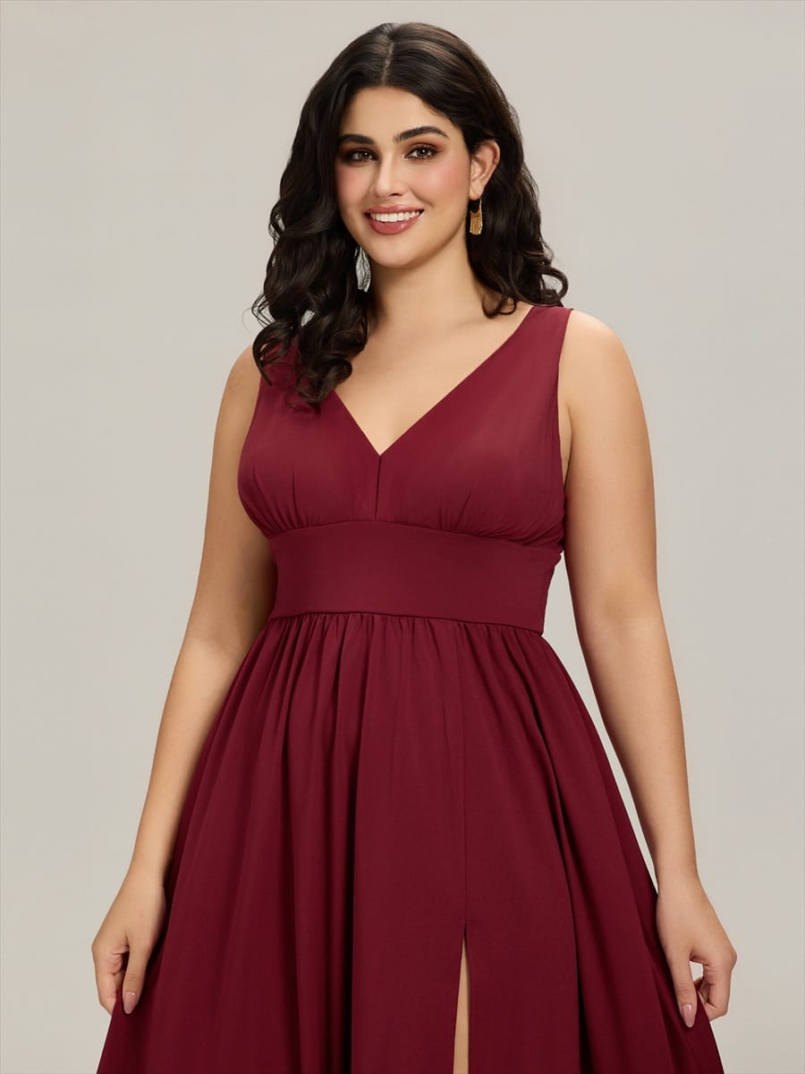 Plus Size Chiffon Lace Print Sleeveless Empire Waist V-Neck Evening Dress #color_Burgundy