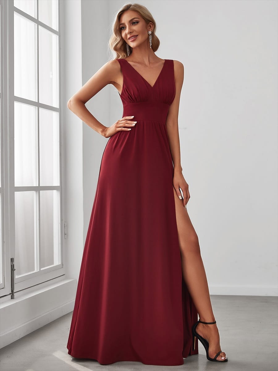 V-Neck High Slit Empire Waist Floor-Length Evening Dress #color_Burgundy
