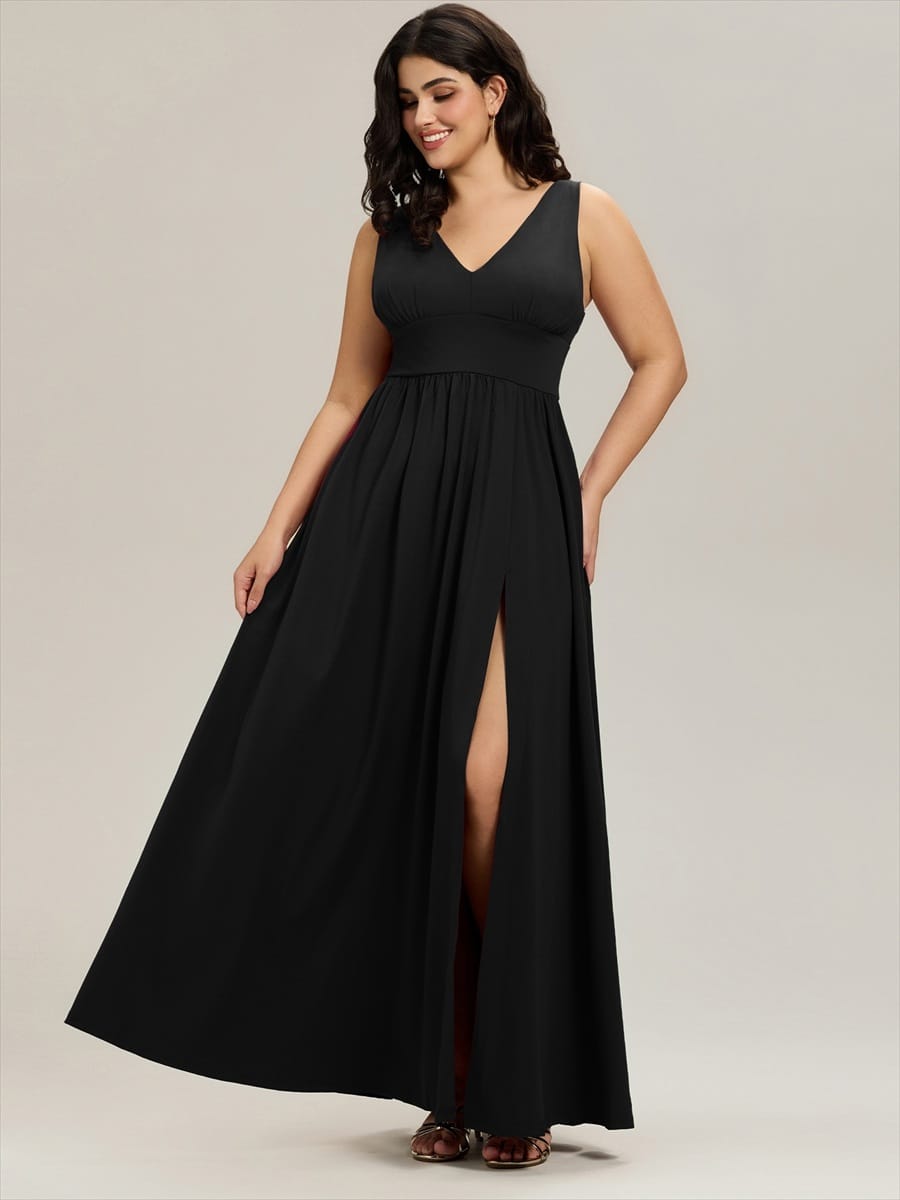 V-Neck High Slit Empire Waist Floor-Length Evening Dress #color_Black