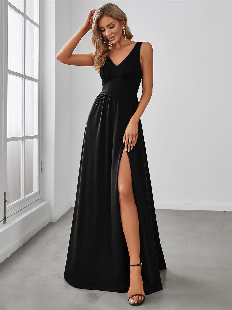 V-Neck High Slit Empire Waist Floor-Length Evening Dress #color_Black