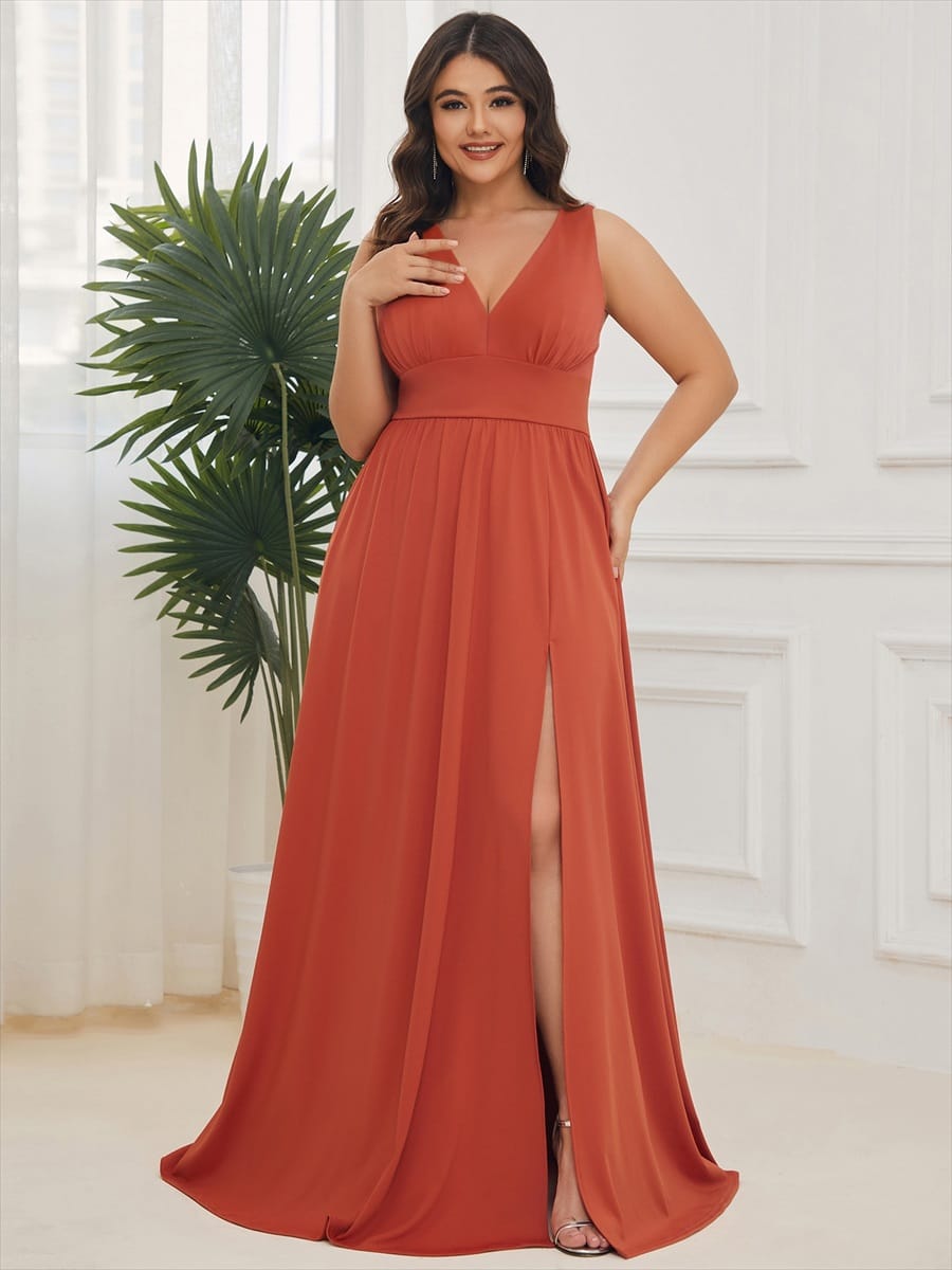 V-Neck High Slit Empire Waist Floor-Length Evening Dress #color_Burnt Orange