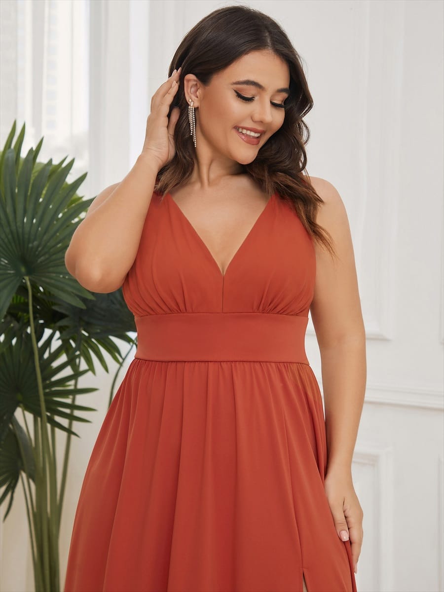 V-Neck High Slit Empire Waist Floor-Length Evening Dress #color_Burnt Orange