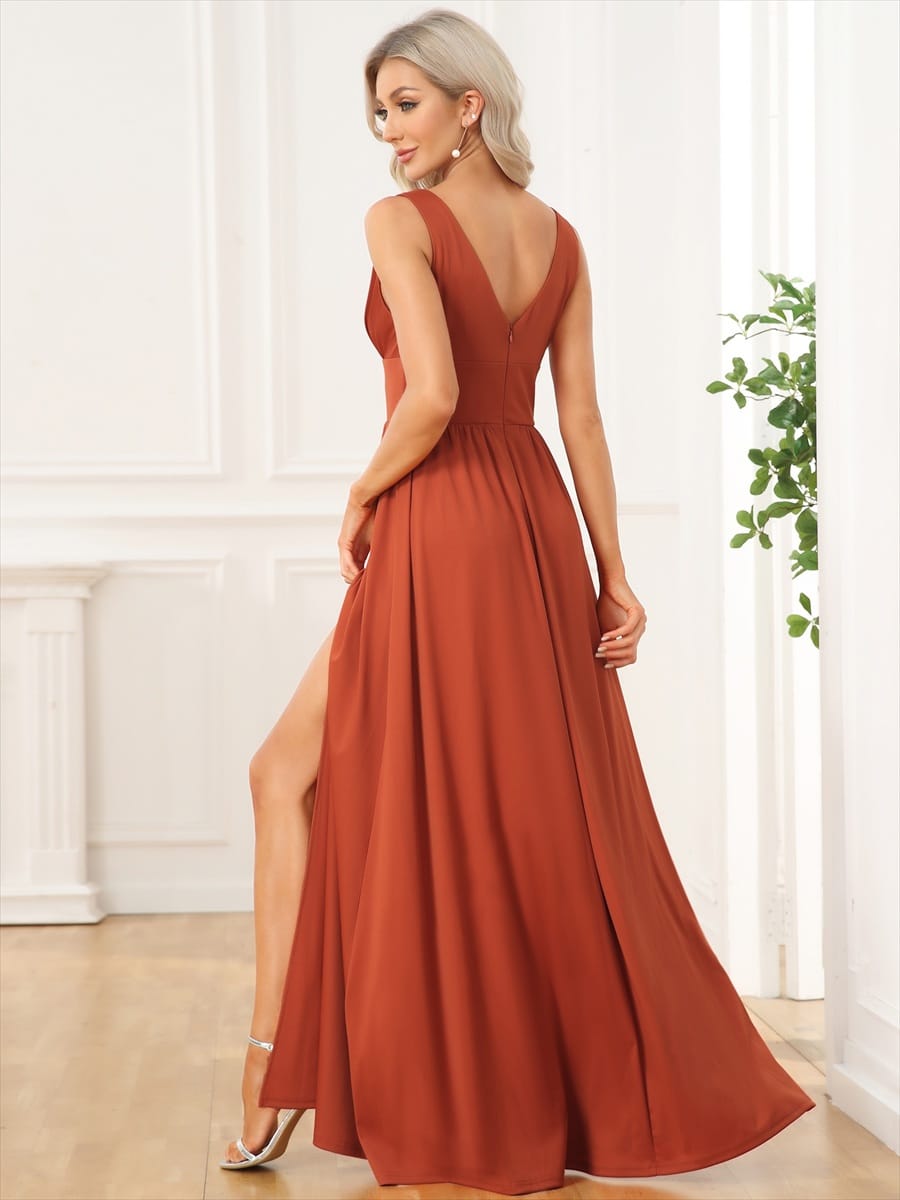 V-Neck High Slit Empire Waist Floor-Length Evening Dress #color_Burnt Orange