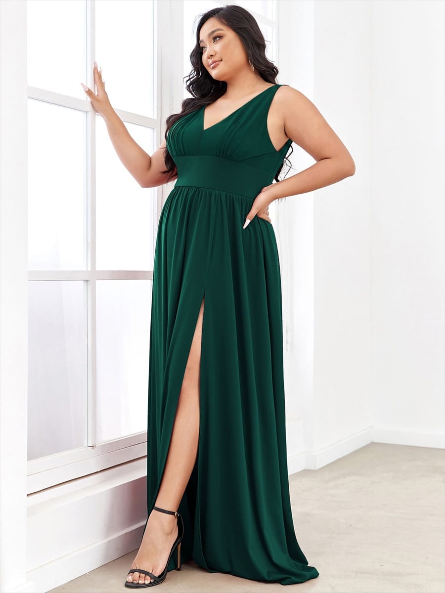 V-Neck High Slit Empire Waist Floor-Length Evening Dress #color_Dark Green