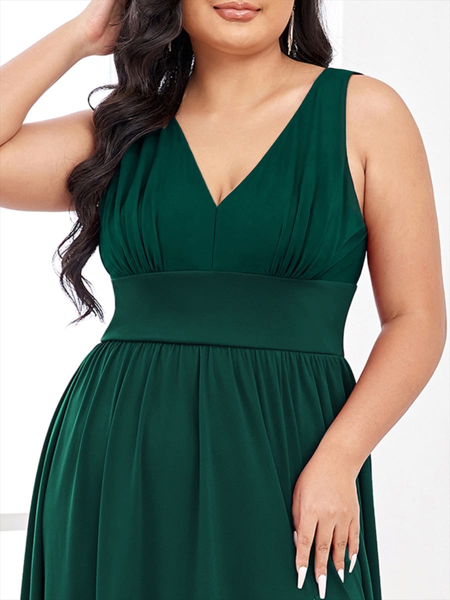 V-Neck High Slit Empire Waist Floor-Length Evening Dress #color_Dark Green