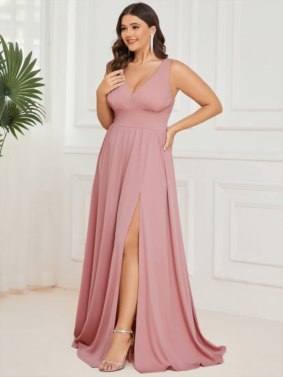 V-Neck High Slit Empire Waist Floor-Length Evening Dress #color_Dusty Rose